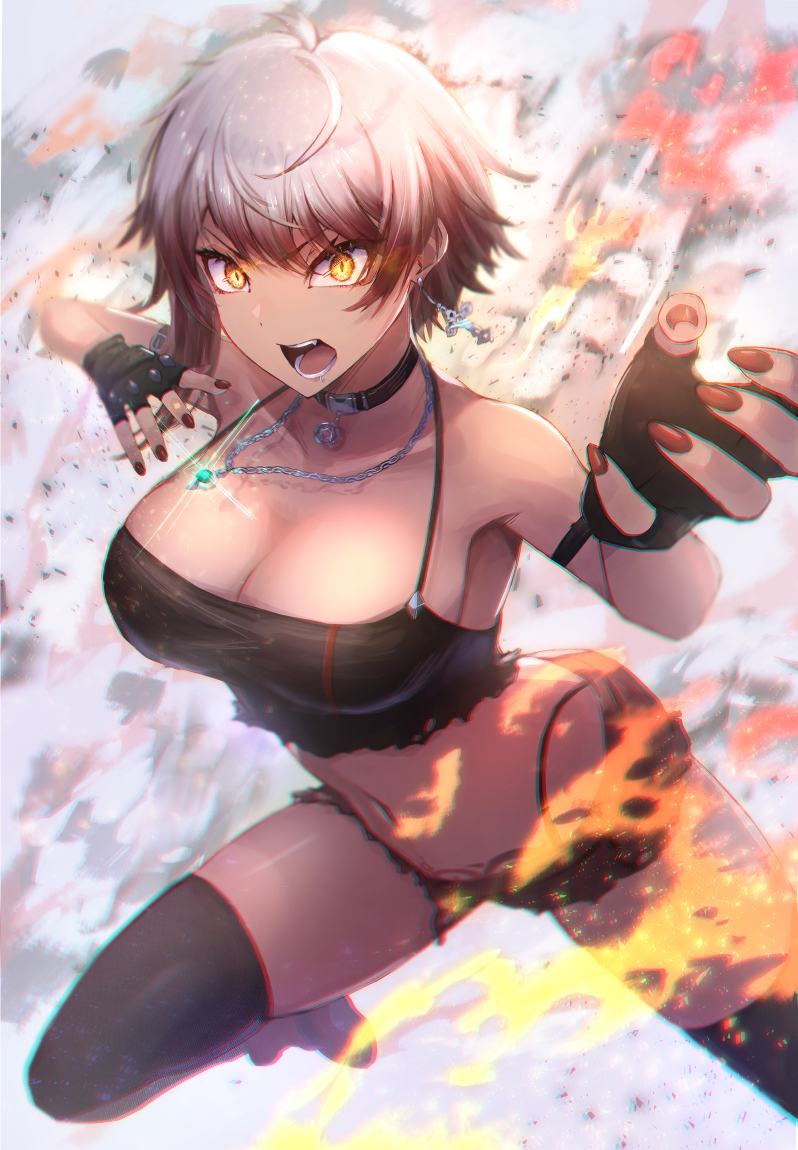 1girl, breasts, choker, commentary, commission, cross, cross_earrings, dark-skinned_female