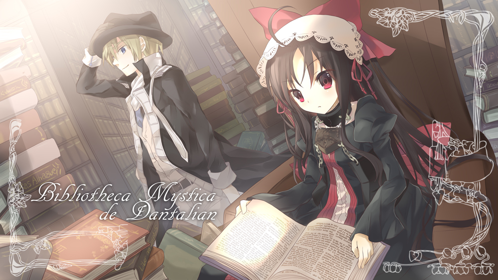 10s, ahoge, black_hair, blonde_hair, blue_eyes, book, bow, chain