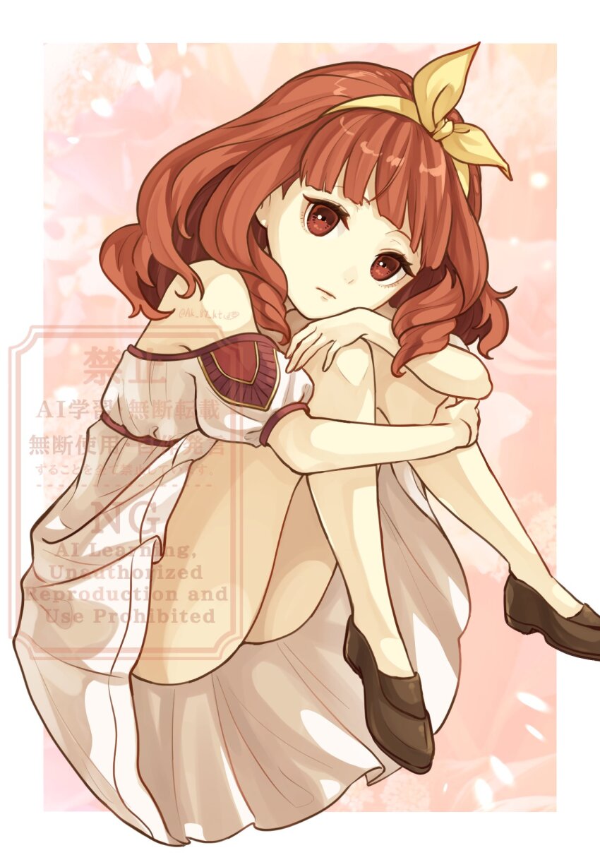 1girl, aged_down, ak_87_kt, bare_legs, bare_shoulders, bow_hairband, brown_shoes, celica_(fire_emblem)