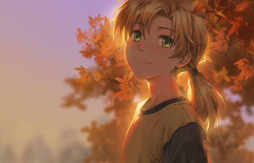1boy, autumn_leaves, blonde_hair, closed_mouth, commentary, dew_(fire_emblem), english_commentary, fire_emblem