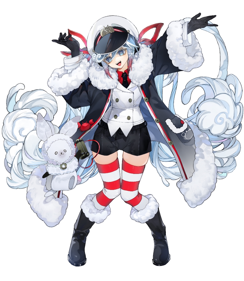 1girl, 1other, aqua_eyes, aqua_hair, arms_up, binoculars, black_coat, black_gloves