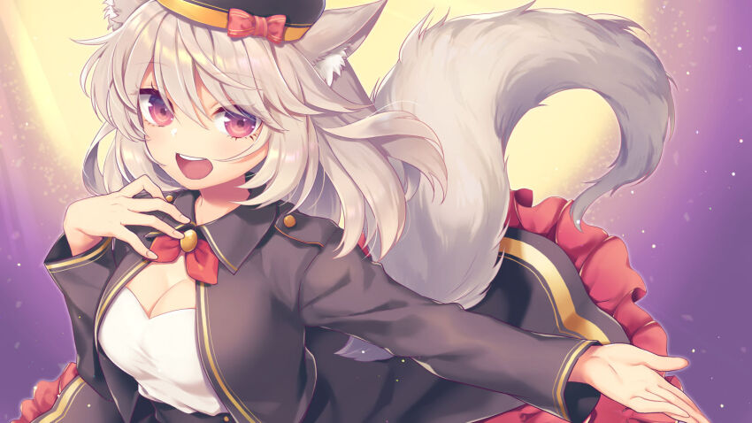 1girl, :d, animal_ear_fluff, animal_ears, beret, black_hat, black_jacket, black_skirt, bow, breasts, cleavage, collared_jacket, commentary, commission, eyelashes, gold_trim, gradient_background, grey_hair, hair_between_eyes, hand_on_own_chest, hat, hat_bow, highres, hinano_aki, indie_virtual_youtuber, jacket, layered_skirt, looking_at_viewer, medium_breasts, medium_hair, open_hand, open_mouth, outstretched_arm, purple_background, purple_eyes, red_bow, red_skirt, shirt, skeb_commission, skirt, smile, solo, swept_bangs, tail, teeth, tomobe_kinuko, upper_body, upper_teeth_only, virtual_youtuber, white_shirt, wing_collar, wolf_ears, wolf_girl, wolf_tail, yellow_background