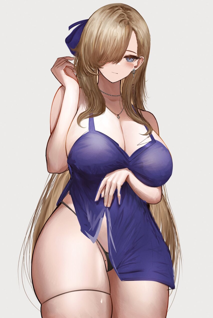 1girl, bare_shoulders, bikini, bikini_bottom_only, black_bikini, blonde_hair, blue_dress, blue_eyes