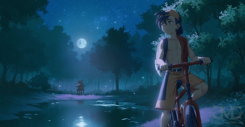 1boy, abs, backpack, backwards_hat, bag, bicycle, black_hair, clothes_on_shoulders, commentary, english_commentary, ethan_(pokemon), forest, full_moon, hat, highres, looking_to_the_side, male_focus, moon, nature, navel, night, nintendo, orange_shorts, pectorals, pokemon, pokemon_gold/silver/crystal, riding, riding_bicycle, shorts, sky, star_(sky), toned, toned_male, topless_male, treijim, unworn_clothes, watermark