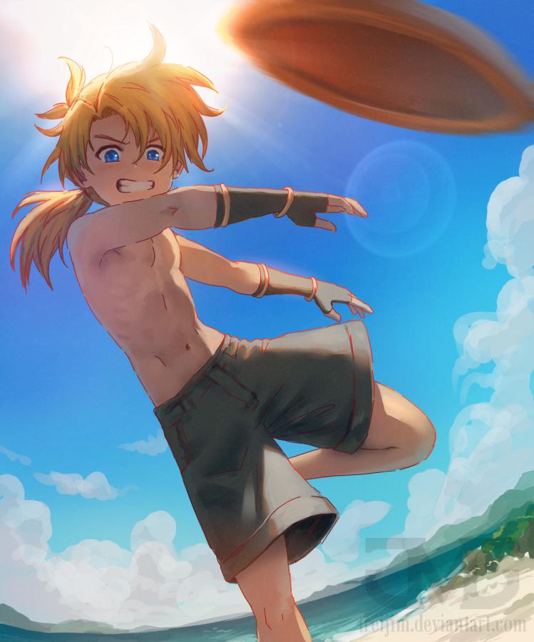 1boy, beach, blonde_hair, blue_eyes, brown_gloves, clenched_teeth, commentary, dew_(fire_emblem)