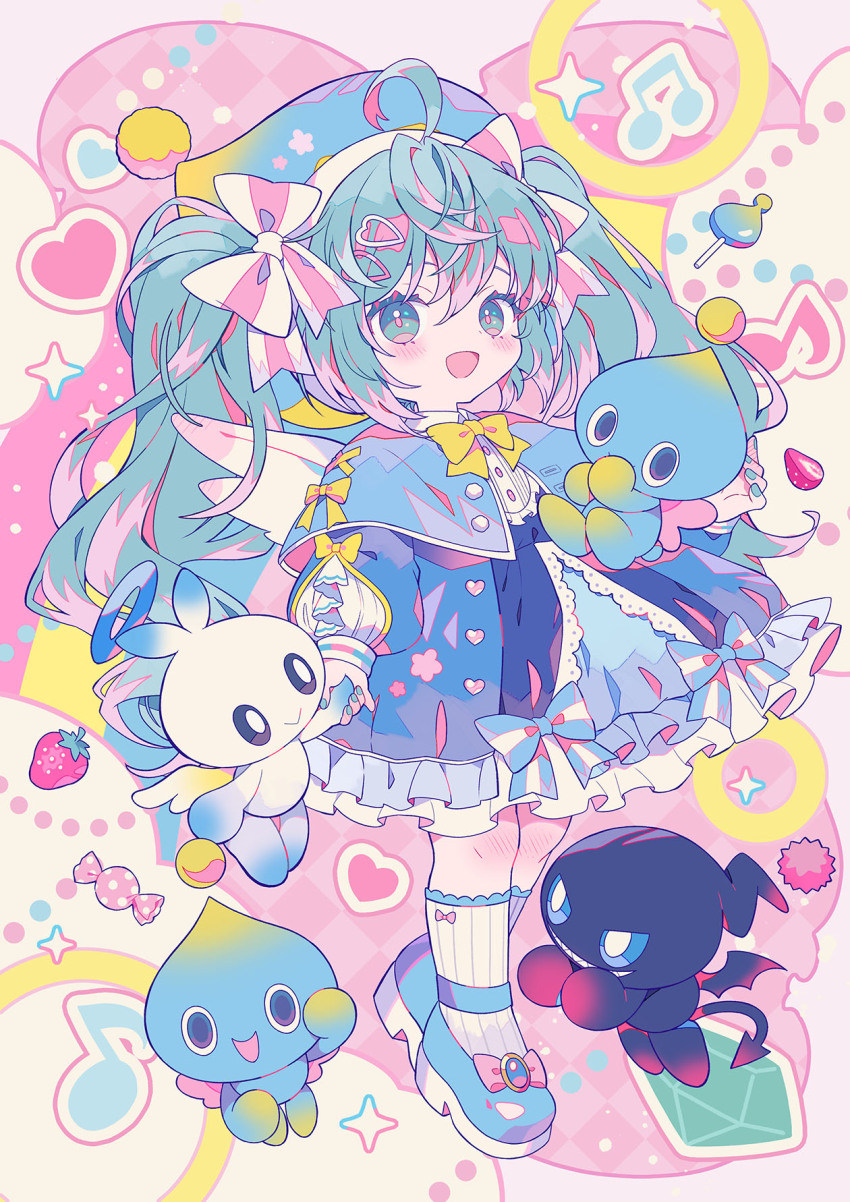 1girl, :>, :d, aged_down, ahoge, aqua_capelet, aqua_eyes, aqua_hair, aqua_nails, aqua_skirt, black_sclera, black_skin, blue_coat, blue_dress, blue_eyes, blue_halo, blue_hat, blue_sclera, blue_shoes, blue_sleeves, blush, bow, butterfly_wings, buttons, candy, capelet, capelet_bow, chao_(sonic), closed_mouth, coat, collared_shirt, colored_eyelashes, colored_sclera, colored_skin, creature, cross-laced_capelet, cross-laced_clothes, crossed_bangs, crossover, dark_chao, dress, eighth_note, evil_grin, evil_smile, flower, food, frilled_coat, frilled_dress, frills, fruit, full_body, grin, hair_between_eyes, hair_bow, hair_ornament, hairclip, halo, hat, hat_ornament, hatsune_miku, heart, heart_button, heart_hair_ornament, hero_chao, highres, holding_hands, horizontal-striped_clothes, insect_wings, lollipop, long_hair, long_sleeves, looking_at_viewer, musical_note, nail_polish, neutral_chao, official_art, open_clothes, open_coat, open_mouth, pastel_colors, pinafore_dress, pink_bow, pink_flower, pink_wings, pom_pom_(clothes), pom_pom_hat_ornament, project_onsoku, puff_and_slash_sleeves, puffy_coat, puffy_long_sleeves, puffy_sleeves, second-party_source, sharp_teeth, shirt, shoes, sidelocks, skirt, sleeveless, sleeveless_dress, smile, socks, solo, sonic_(series), sonic_racing:_crossworlds, sparkle, strawberry, striped_clothes, striped_socks, teeth, tongue, twintails, two-tone_bow, vertical-striped_clothes, vertical-striped_socks, very_long_hair, vocaloid, wavy_hair, white_bow, white_eyes, white_shirt, white_skin, white_sleeves, white_socks, white_wings, wing_collar, wings, wrapped_candy, yellow_bow, yellow_hat, yumenouchi_chiharu