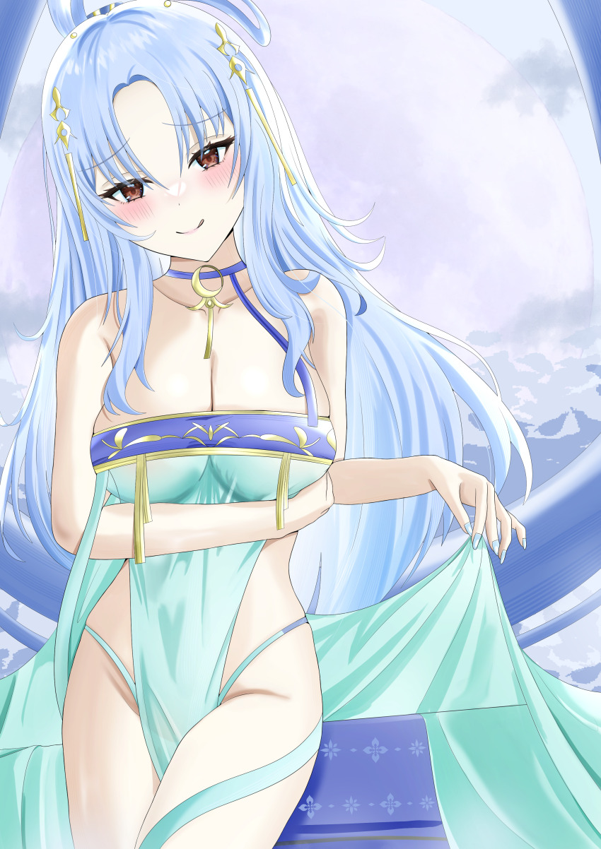 1girl, :q, absurdres, arm_under_breasts, azur_lane, bare_shoulders, blue_hair, blue_nails, blush, breasts, cleavage, closed_mouth, collarbone, groin, highres, large_breasts, licking_lips, long_hair, looking_at_viewer, official_alternate_costume, parted_bangs, pelvic_curtain, red_eyes, solo, tallinn_(azur_lane), tallinn_(night_of_full_moon_and_overflowing_love)_(azur_lane), tongue, tongue_out, wolf_neruyo