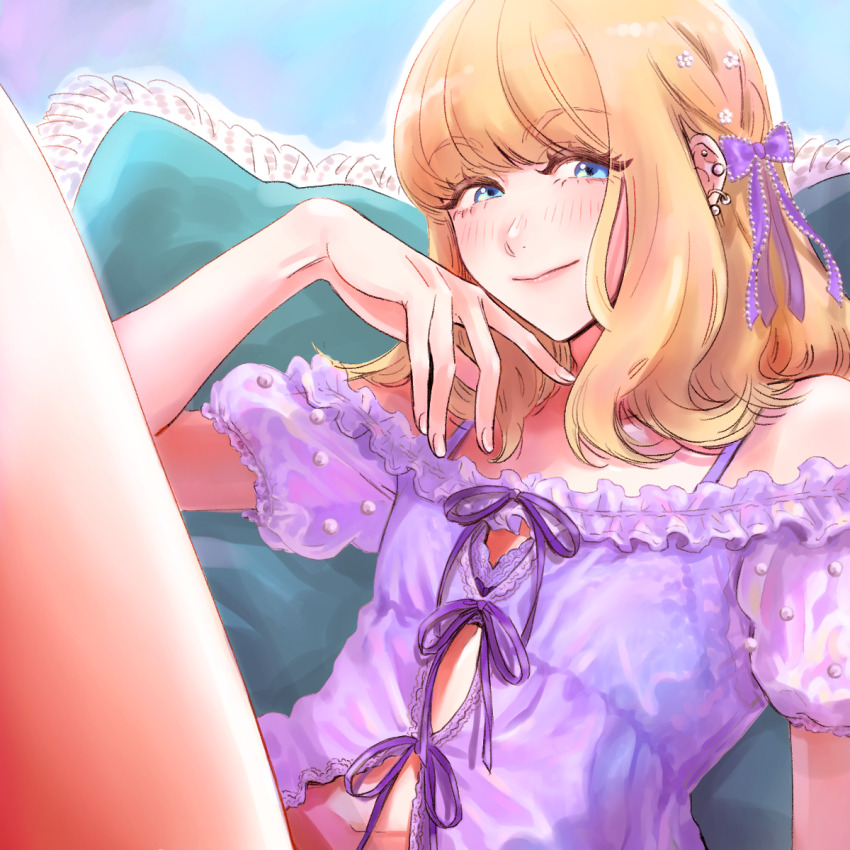 1boy, aqua_background, blonde_hair, blue_eyes, blush, bow, crossdressing, crossdressing_(mtf)