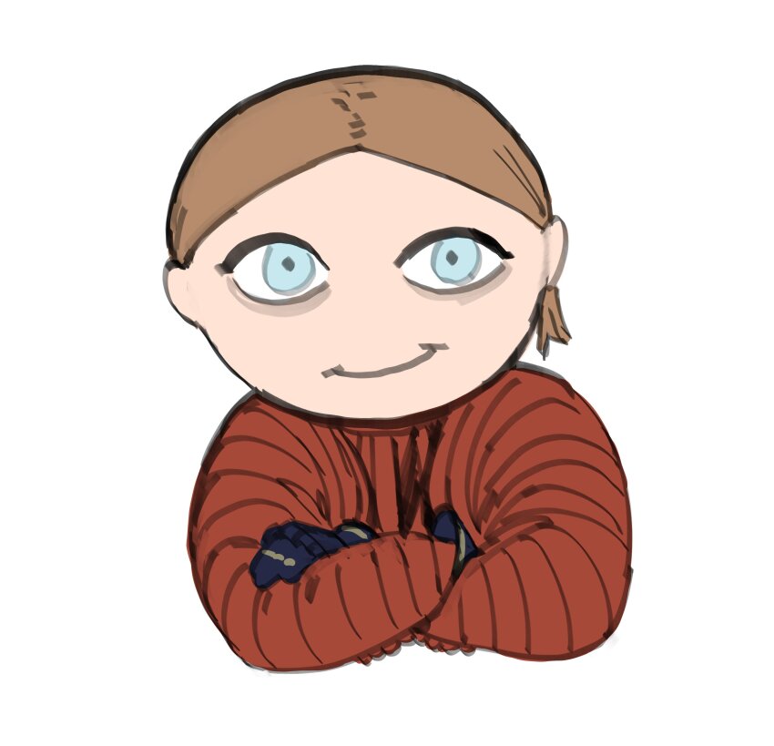 1girl, absurdres, bags_under_eyes, blue_eyes, brown_hair, emmelot_(wassnonnam), forehead, gambeson