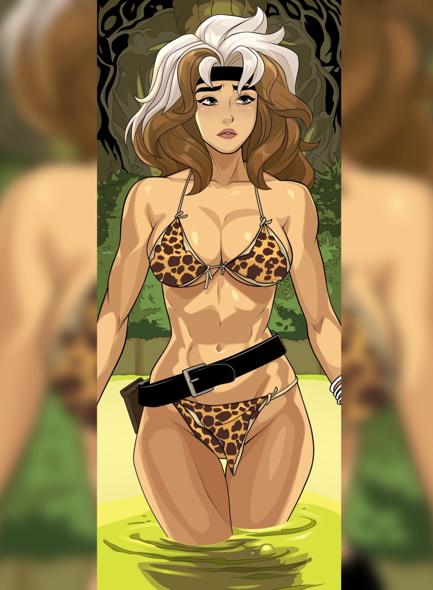 1girl, absurdres, bare_shoulders, bikini, breasts, colored_bangs, commentary, english_commentary