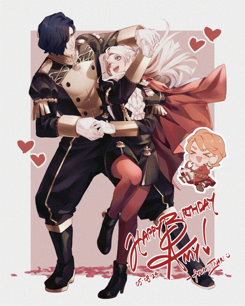 1girl, 2boys, aimaru, artist_name, black_hair, boots, capelet, chibi