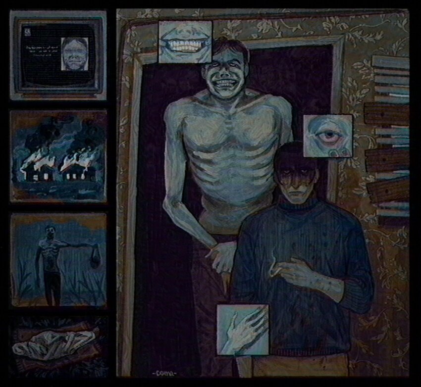 2boys, arm_at_side, artist_name, black_border, black_hair, blood, blood_on_clothes, blue_sweater, boarded_windows, border, brown_pants, burning, cheekbones, cigarette, collarbone, commentary, corpse, cowboy_shot, crazy_eyes, crt, doomedsarcoma, doorway, emaciated, english_commentary, evil_grin, evil_smile, film_grain, fire, grin, hair_slicked_back, height_difference, highres, holding, holding_cigarette, holding_own_wrist, horror_(theme), indoors, intruder_(no_i'm_not_a_human), light_frown, looking_at_viewer, male_focus, multiple_boys, multiple_views, no_i'm_not_a_human, outstretched_arm, pants, protagonist_(no_i'm_not_a_human), ribbed_sweater, ribs, serious, shaded_face, short_hair, smile, smoke, smoking, standing, straight-on, sweater, teeth, television, three-quarter_sleeves, wallpaper_(object), window_blinds