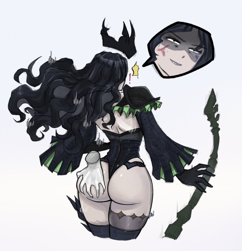 1girl, 1other, afk_(series), afk_journey, anger_vein, ass, black_gloves, black_hair, black_leotard, black_lips, bonnie_(afk), gloves, grabbing_another's_ass, green_eyes, groping, hair_between_eyes, hat, highres, holding, leotard, long_hair, pale_skin, smile, standing, thighhighs, top_hat, undead, weapon, wide_hips, yincrescent