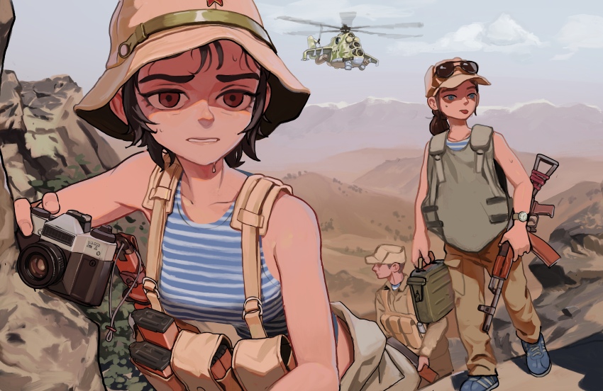 1boy, 2girls, absurdres, afghanistan, aircraft, ak-74, aks-74, ammunition_pouch