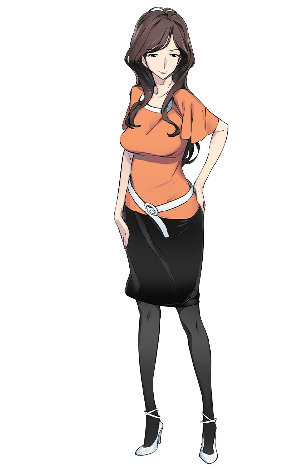 1girl, black_pantyhose, black_skirt, breasts, brown_eyes, brown_hair, casual, fukuda_tomonori, full_body, game_cg, hair_over_shoulder, high_heels, large_breasts, lipstick, long_hair, makeup, mature_female, official_art, orange_shirt, pantyhose, parted_bangs, pencil_skirt, red_lips, robotics;notes, science_adventure, senomiya_misaki, shiny_lips, shirt, shoes, skirt, solo, white_background, white_shoes