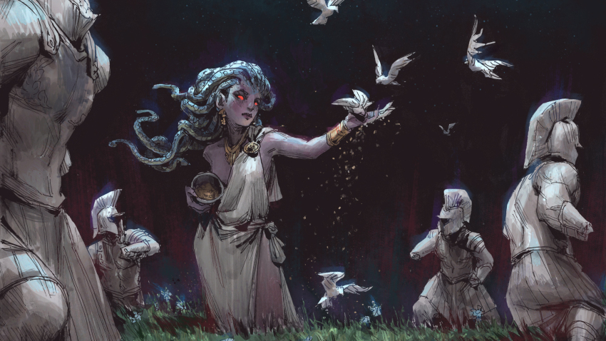 ancient_greek_clothes, andrewkmar, attic_helmet, bare_shoulders, bird, bird_feeding, brooch, chiton, gold_bracer, greco-roman_clothes, greek_mythology, highres, jewelry, medusa_(mythology), necklace, night, outdoors, petrification, red_eyes, snake_hair, statue