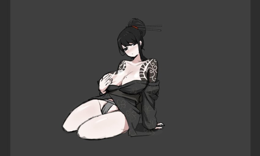 1girl, bare_shoulders, black_border, black_eyes, black_hair, black_kimono, border, breasts