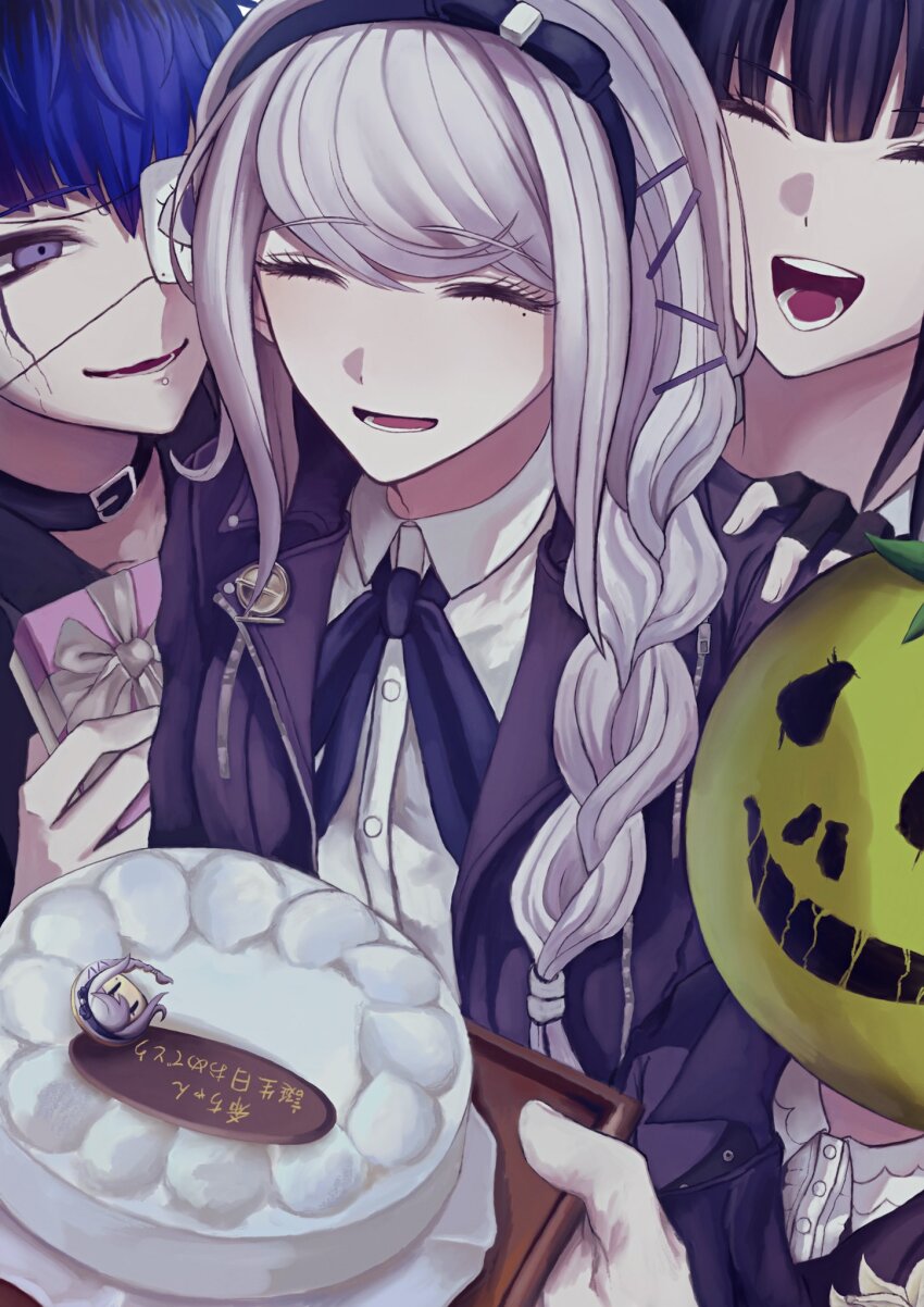 1boy, 3girls, ^_^, black_collar, black_gloves, black_hair, black_hairband, black_jacket, black_ribbon, blue_hair, braid, cake, character_pin, closed_eyes, collar, commentary, eye_print, eyepatch, face_piercing, fingerless_gloves, food, gift, gloves, grey_eyes, grey_hair, hairband, hand_on_another's_shoulder, highres, holding, holding_gift, jacket, kirifuji_nozomi, labret_piercing, long_hair, looking_at_another, magadori_kyoshika, multiple_girls, neck_ribbon, omokage_yugamu, oosuzuki_kurara, open_clothes, open_jacket, open_mouth, piercing, print_eyepatch, ribbon, shirt, short_hair, smile, the_hundred_line_-last_defense_academy-, user_vgtu3873, white_gloves, white_shirt