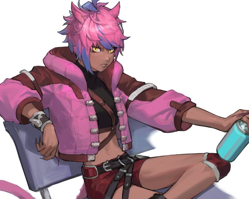 1girl, animal_ears, belt, can, cat_ears, cat_girl, cropped_jacket, feet_out_of_frame, final_fantasy, final_fantasy_xiv, fingernails, highres, holding, holding_can, jacket, knee_pads, long_fingernails, looking_at_viewer, miqo'te, multicolored_hair, pink_hair, pink_jacket, pink_nails, red_shorts, sabbat_00, sharp_fingernails, short_hair, shorts, simple_background, sitting, slit_pupils, solo, two-tone_hair, white_background, yaana_(ff14), yellow_eyes