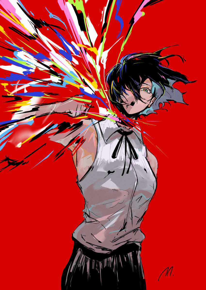 1girl, absurdres, black_hair, black_ribbon, black_shorts, chainsaw_man, collared_shirt, disembodied_head