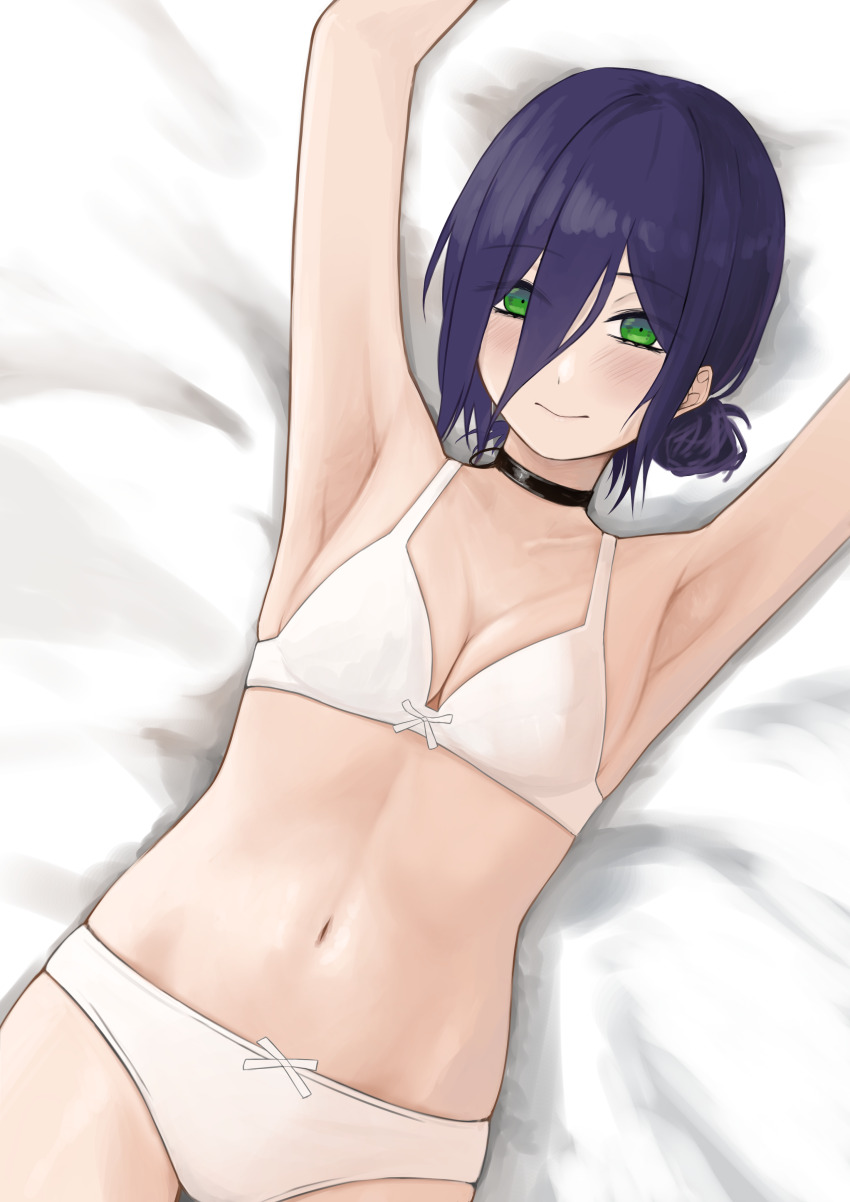 1girl, absurdres, armpit_focus, armpits, arms_up, black_choker, bra, breasts