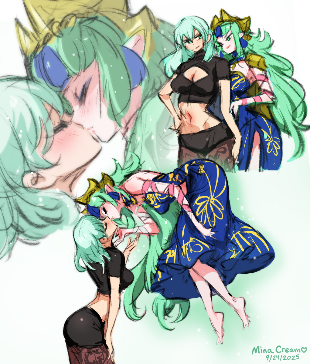 2025, 2girls, artist_name, breasts, commentary, dated, dress, english_commentary, female_byleth_(fire_emblem), fire_emblem, fire_emblem:_fortune's_weave, fire_emblem:_three_houses, green_eyes, green_hair, highres, kiss, long_hair, medium_breasts, medium_hair, midriff, mina_cream, multiple_girls, multiple_views, navel, nintendo, pantyhose, pointy_ears, simple_background, sketch, sothis_(adult)_(fire_emblem), sothis_(fire_emblem), white_background, yuri