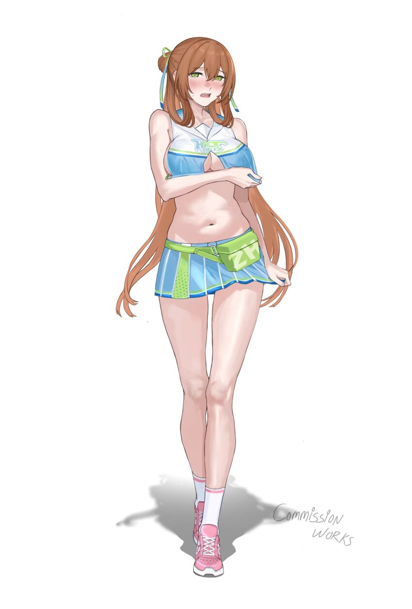 1girl, ankle_socks, bare_shoulders, blue_shirt, blue_skirt, blush, breasts, brown_hair