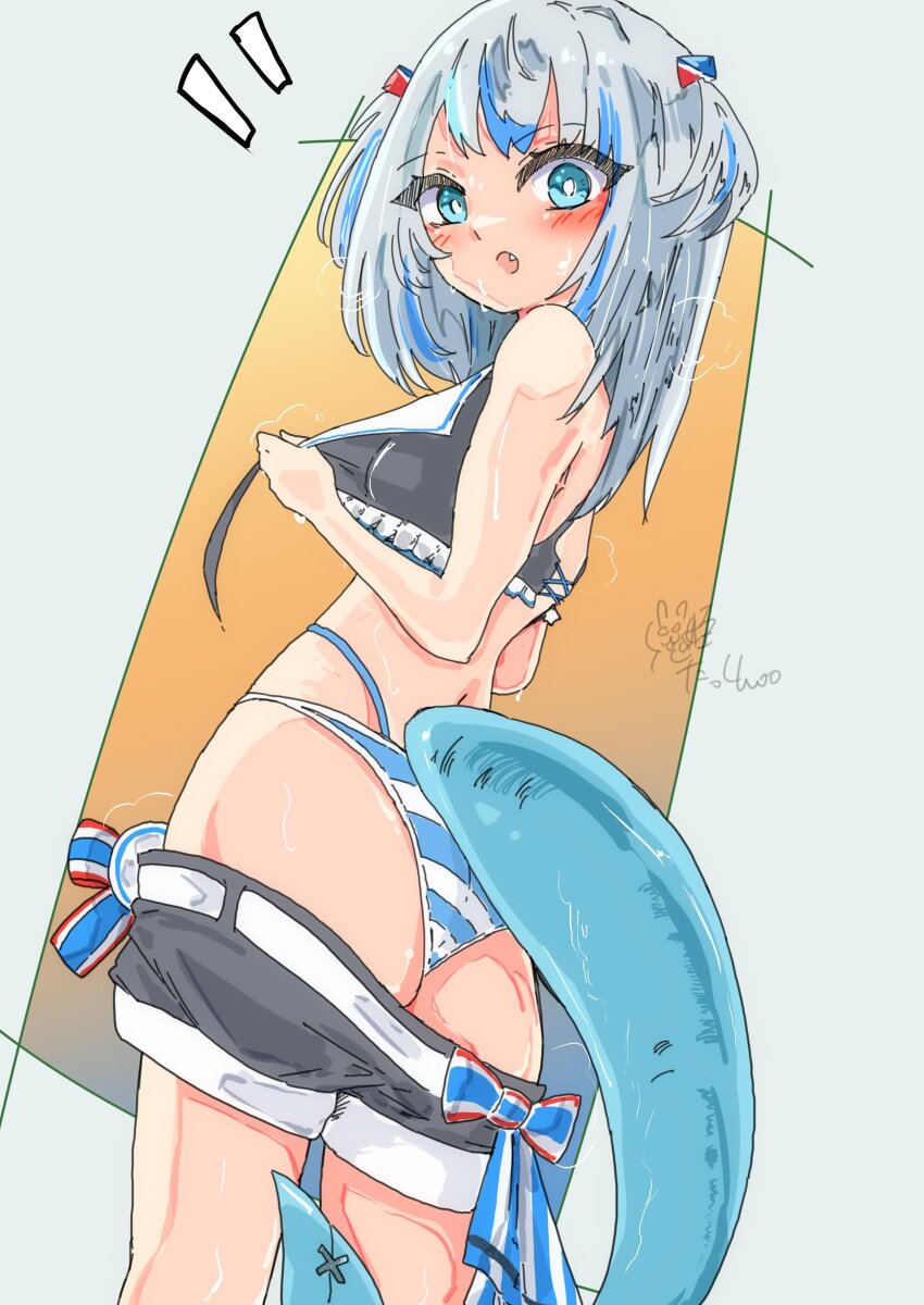 1girl, absurdres, ass, back, bikini, bikini_tug, blue_eyes, blush, commentary_request, exercising, fang, fins, fish_tail, fitness_boxing_feat._hatsune_miku:_isshoni_exercise, from_behind, gawr_gura, hair_ornament, highres, hololive, hololive_english, idol_clothes, looking_at_viewer, looking_back, multicolored_hair, onihime_takun, open_mouth, shark_girl, shark_hair_ornament, shark_tail, short_twintails, signature, simple_background, solo, streaked_hair, sweat, swimsuit, swimsuit_under_clothes, tail, twintails, virtual_youtuber, white_hair