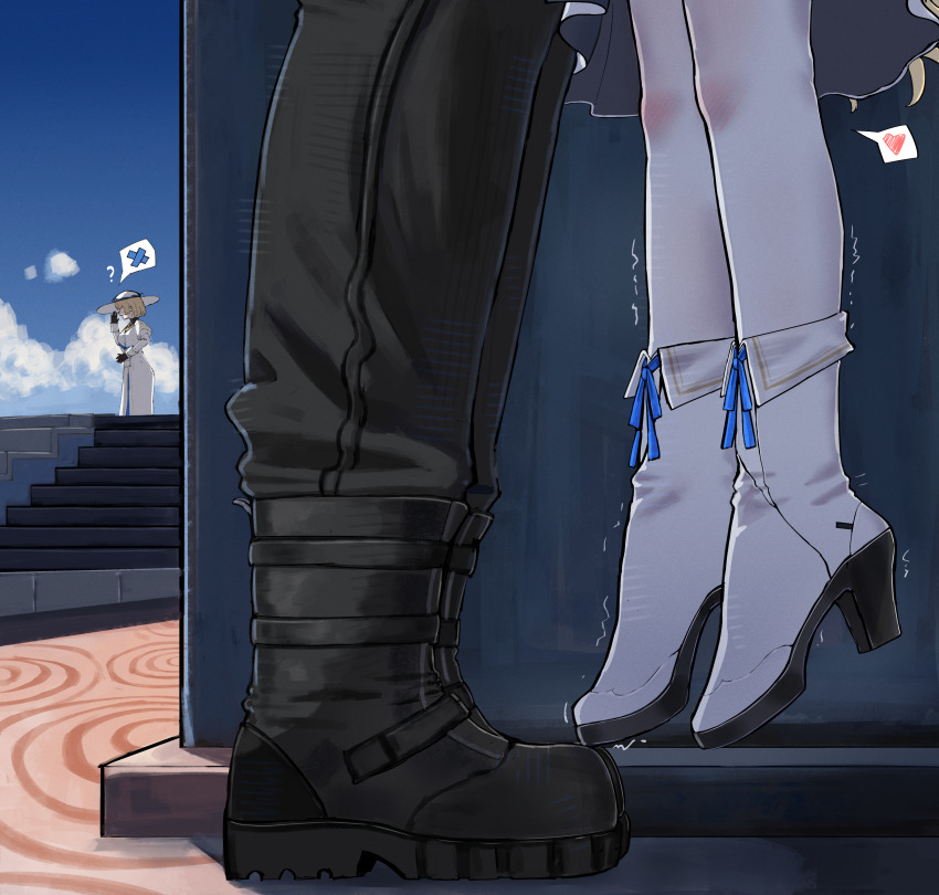 1boy, 2girls, 2na_(blue2na), ?, absurdres, black_boots, black_pants, blue_sky, boots, commentary, day, english_commentary, footwear_focus, hanging_legs, heart, height_difference, hetero, highres, implied_hetero, implied_kiss, knee_blush, male_rover_(wuthering_waves), multiple_girls, outdoors, pants, pantyhose, phoebe_(wuthering_waves), rover_(wuthering_waves), sky, spoken_heart, trembling, white_boots, white_pantyhose, wuthering_waves