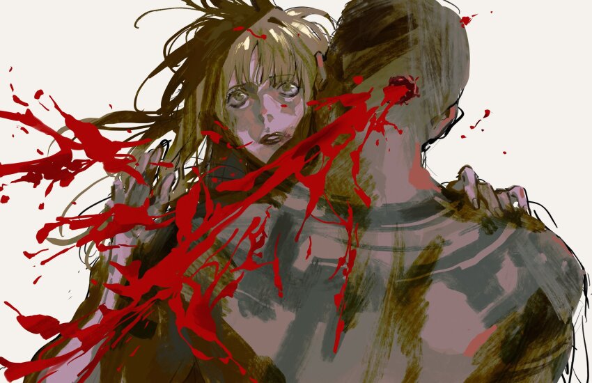 1boy, 1girl, black_lips, blonde_hair, blood, blood_spray, disco_elysium, ellis_kortenaer, gunshot_wound, hand_on_another's_shoulder, highres, injury, klaasje_amandou, long_hair, looking_up, mimulishizi, short_hair, simple_background, upper_body, white_background, yellow_eyes