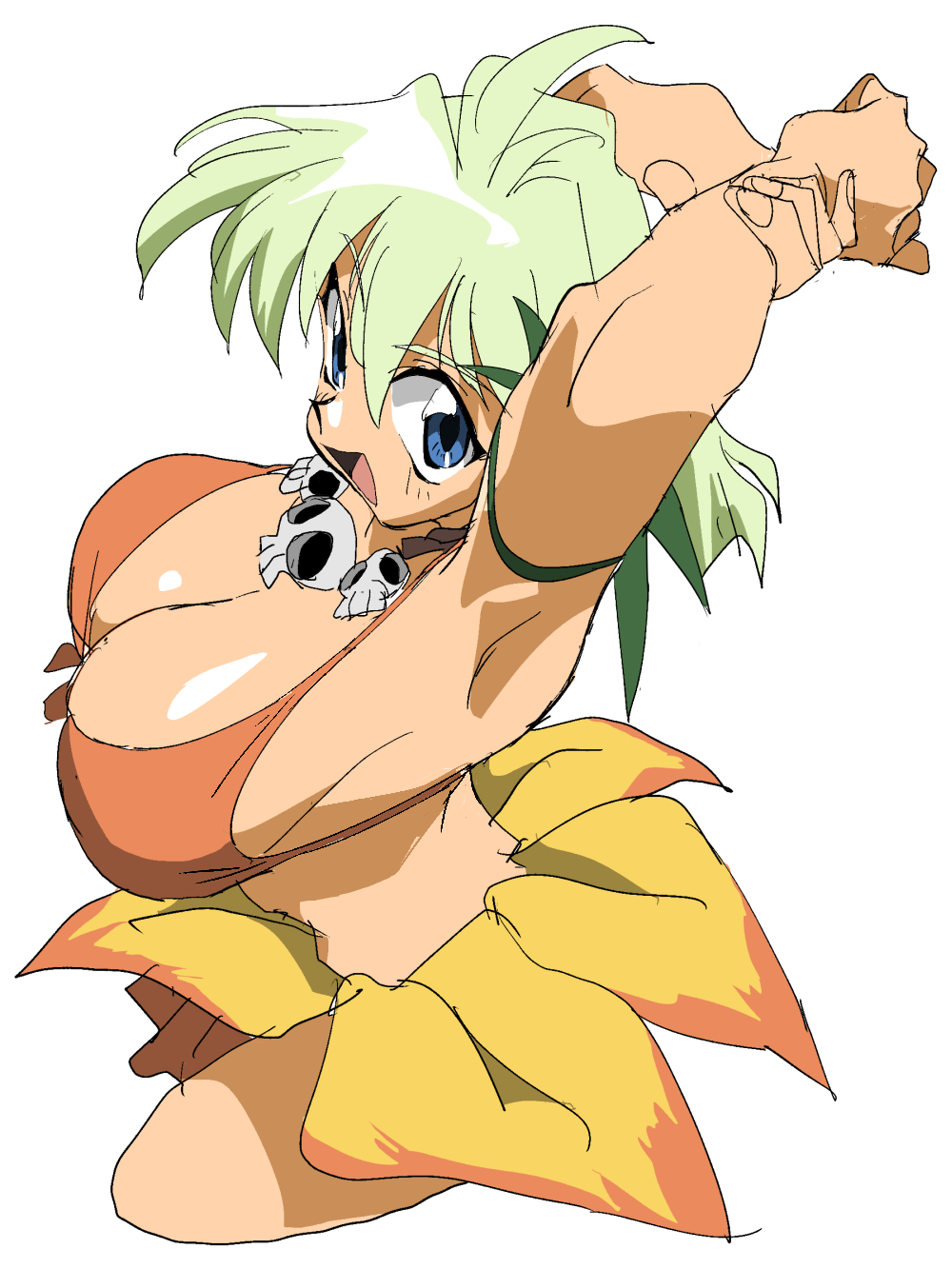 1girl, ahoge, arms_behind_head, bikini, blonde_hair, blue_eyes, breasts, cleavage, dark-skinned_female, dark_skin, flower_skirt, front-tie_bikini_top, front-tie_top, highres, huge_breasts, jewelry, jungle_de_ikou, looking_at_viewer, mii_(jungle_de_ikou), necklace, open_mouth, orange_bikini, petals, shino_(2919), skull_necklace, swimsuit, transformation