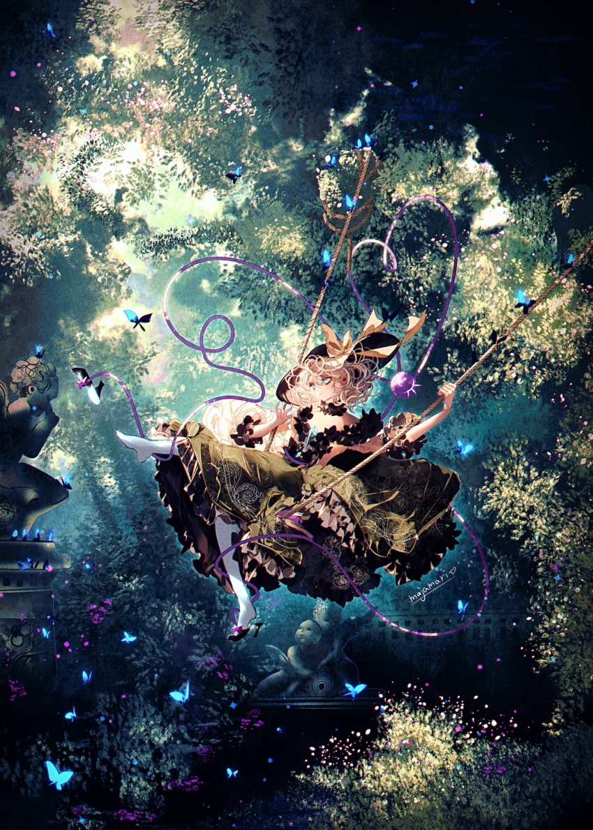 1girl, artist_name, black_choker, black_hat, black_shoes, bow, bug, butterfly