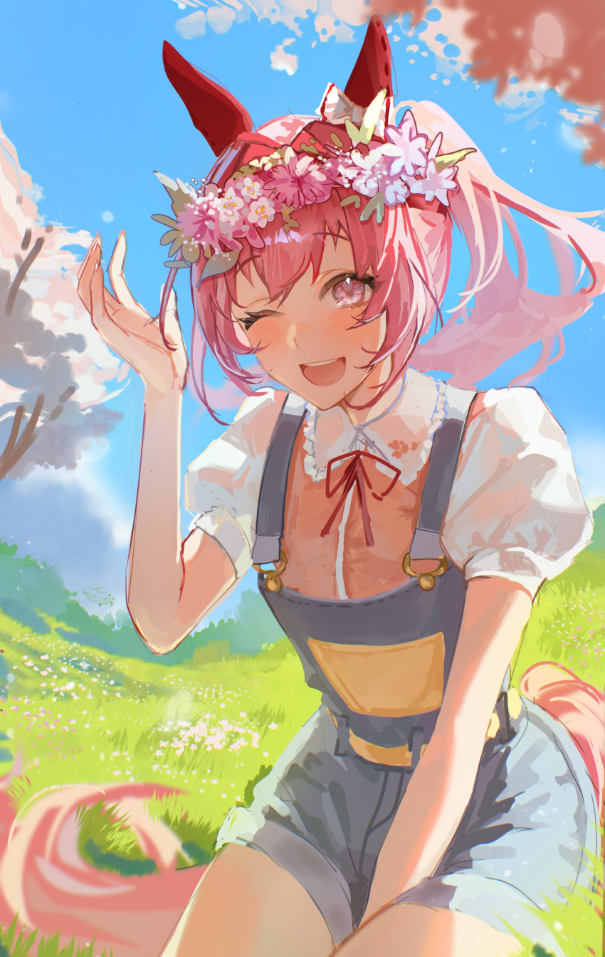 1girl, absurdres, animal_ears, blue_overalls, blue_sky, blush, bow, cherry_blossoms