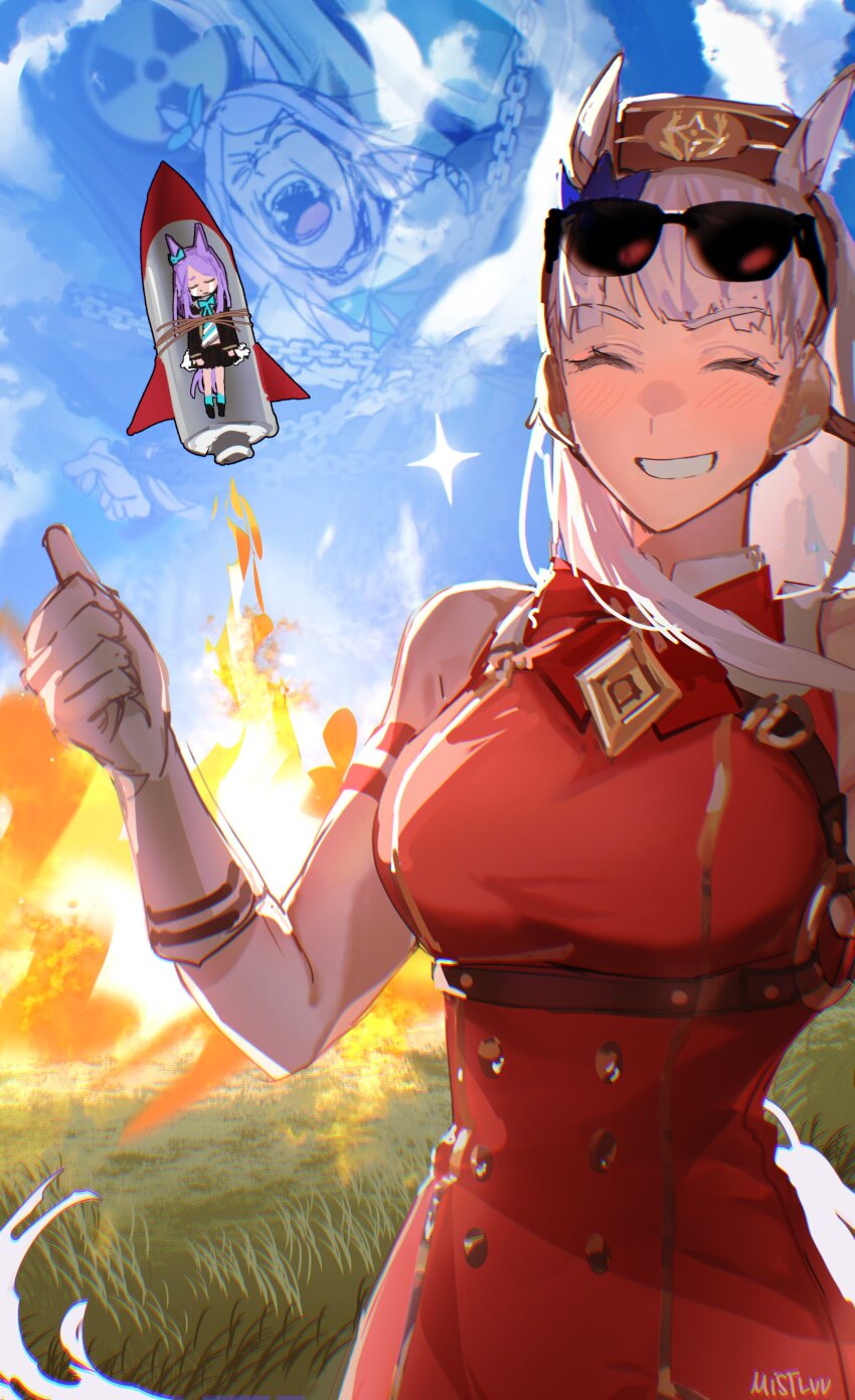 2girls, absurdres, animal_ears, aqua_bow, aqua_bowtie, aqua_ribbon, armband, bare_shoulders, black_jacket, black_skirt, blue_shirt, blue_sky, blunt_bangs, blush, bound, bow, bowtie, breasts, brown_hat, chain, chained, choripan, closed_eyes, cloud, crying, dress, ear_bow, ear_ribbon, eyewear_on_head, facing_viewer, frilled_jacket, frills, gloves, gold_ship_(red_strife)_(umamusume), gold_ship_(umamusume), grass, grey_hair, hat, highres, horse_ears, horse_girl, horse_tail, jacket, large_breasts, long_hair, long_sleeves, mejiro_mcqueen_(frontline_elegance)_(umamusume), mejiro_mcqueen_(umamusume), meme, multiple_girls, nuclear_weapon, open_mouth, outdoors, pillbox_hat, purple_hair, radiation_symbol, red_armband, red_dress, ribbon, rocket, rocket_ship, screaming, shirt, skirt, sky, sleeveless, sleeveless_dress, smile, spacecraft, star_(symbol), streaming_tears, striped_armband, striped_clothes, striped_shirt, sunglasses, tail, takeoff, tears, teeth, thumbs_up, tied_up_(nonsexual), umamusume, white_armband, white_gloves, white_shirt, wolverine_nuke_(meme)
