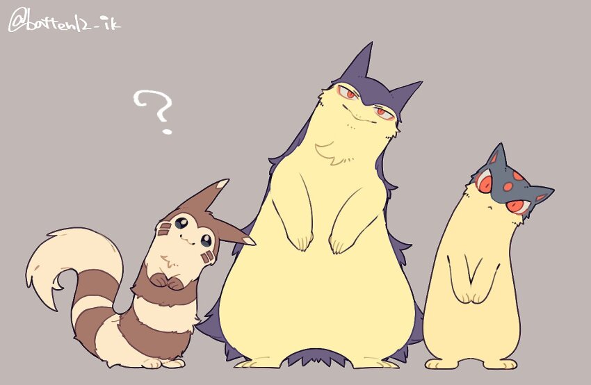 ?, artist_name, blue_fur, brown_fur, furret, gen_2_pokemon, grey_background, looking_at_viewer