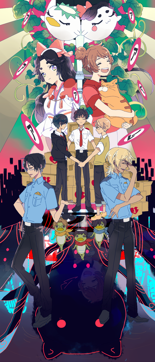 1girl, 6+boys, :3, akutsu_mabu, animal, azuma_sara, black_hair, black_jacket