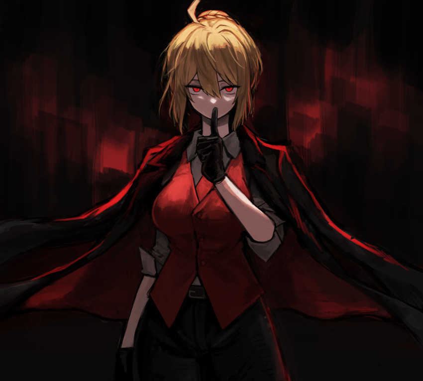 1girl, absurdres, angelica_rapha_redgrave, badnick69_(camchi), black_background, black_gloves, black_jacket, black_pants