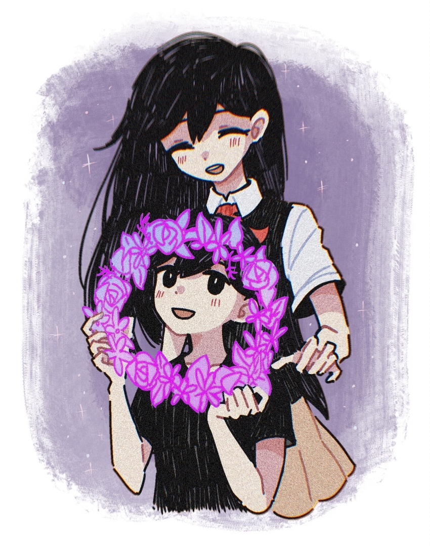 1boy, 1girl, :d, ^_^, aged_down, behind_another, black_eyes, black_hair, black_shirt, black_sweater_vest, blush, border, brother_and_sister, brown_skirt, chromatic_aberration, closed_eyes, collared_shirt, cropped_torso, double-parted_bangs, film_grain, flower, flower_wreath, gaks030, grey_background, hair_behind_ear, hair_between_eyes, hands_up, head_wreath, highres, holding, holding_flower, holding_wreath, leaf, long_hair, mari_(faraway)_(omori), mari_(omori), miniskirt, neckerchief, omori, open_mouth, outside_border, pleated_skirt, purple_flower, purple_rose, red_neckerchief, rose, shirt, short_hair, short_sleeves, siblings, simple_background, skirt, smile, sparkle, sunny_(omori), sweater_vest, t-shirt, teeth, upper_teeth_only, very_long_hair, very_short_hair, white_border, white_shirt