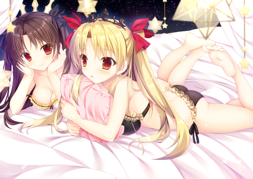2girls, ass, black_bra, black_hair, black_panties, black_ribbon, black_tiara, blonde_hair