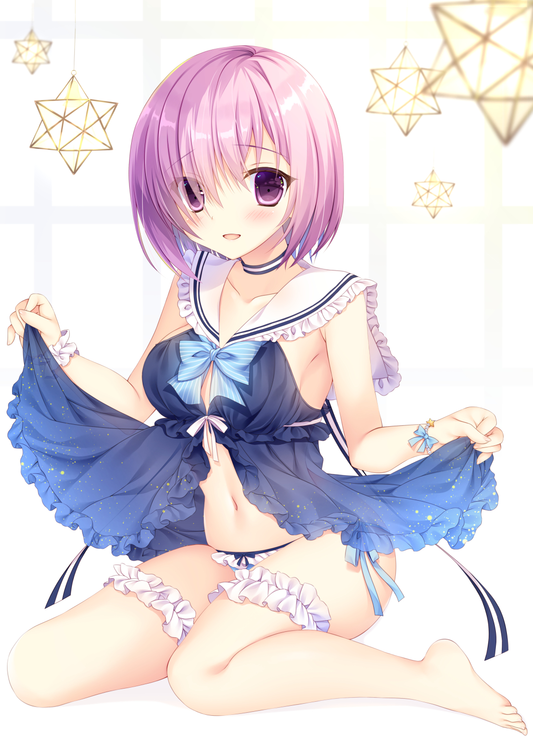 1girl, babydoll, babydoll_lift, barefoot, blue_babydoll, blue_bow, blue_bowtie, blush