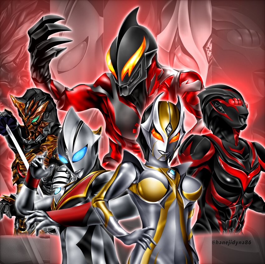 1girl, 4boys, alien, arm_guards, arm_up, armor, black_armor, black_skin