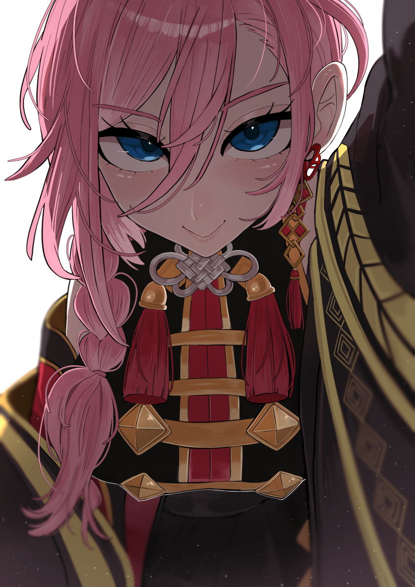 1girl, :>, absurdres, blue_eyes, braid, braided_ponytail, breasts, china_dress