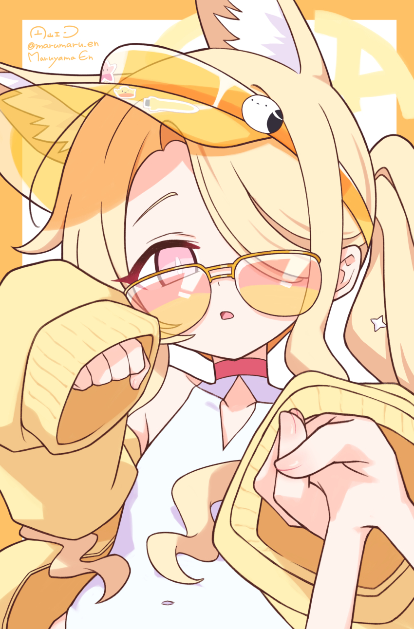 1girl, animal_ear_fluff, animal_ears, artist_name, bare_shoulders, blonde_hair, blue_archive, border