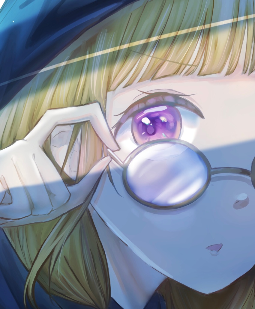 1girl, adjusting_eyewear, blunt_bangs, brown_hair, close-up, commentary_request, glasses, highres