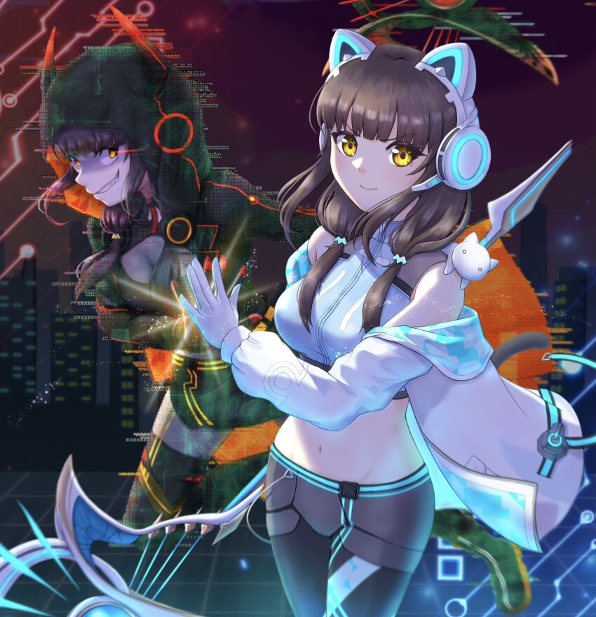 1girl, 2girls, alternate_costume, animal, animal_ear_headphones, animal_ears, animal_hood, animal_on_shoulder, arrow_(projectile), asakura_karen_(code:virtual_killer)_(heaven_burns_red), asakura_karen_(heaven_burns_red), bare_shoulders, bavtb, black_hair, black_pants, black_shirt, black_shorts, black_thighhighs, blunt_bangs, boots, bow_(weapon), breasts, brown_hair, building, cat_ear_headphones, cat_ears, cat_hood, cityscape, cleavage, cleavage_cutout, closed_mouth, clothing_cutout, crop_top, dual_persona, duel_monster, evil_smile, fake_animal_ears, fake_horns, gloves, glowing, glowing_eyes, headphones, headset, heaven_burns_red, highres, holding, holding_bow_(weapon), holding_scythe, holding_weapon, hood, hood_up, hooded_jacket, hoodie, horns, jacket, large_breasts, long_hair, long_sleeves, looking_at_viewer, low_twintails, mechanical_horns, medium_breasts, midriff, multicolored_jacket, multiple_girls, navel, neon_trim, off_shoulder, official_alternate_costume, open_clothes, open_jacket, pants, scythe, shirt, short_shorts, shorts, sidelocks, sleeveless, sleeveless_shirt, smile, standing, stomach, tail, teeth, thighhighs, twintails, two-sided_fabric, two-sided_jacket, two-tone_shirt, weapon, white_gloves, white_jacket, yellow_eyes