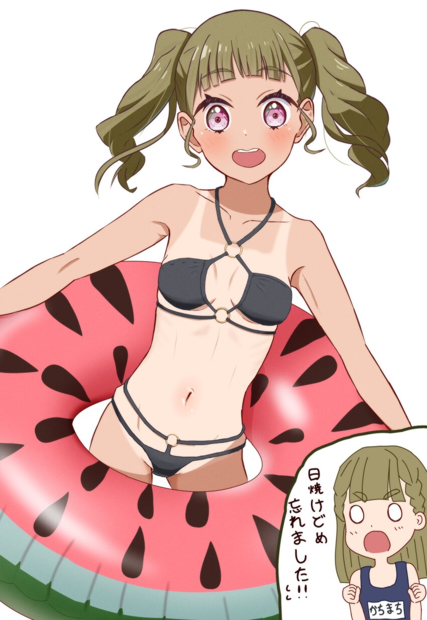 0_0, 1girl, :d, absurdres, alternate_costume, bikini, breasts, brown_hair, commentary_request, highres, holding, holding_swim_ring, innertube, kachimachi_kosuzu, linea_alba, link!_like!_love_live!, love_live!, medium_hair, mizoochi_league, multi-strapped_bikini_bottom, multi-strapped_bikini_top, multiple_views, name_tag, navel, o-ring, o-ring_bikini, o-ring_bottom, o-ring_top, open_mouth, pink_eyes, school_swimsuit, simple_background, small_breasts, smile, stomach, swim_ring, swimsuit, tan, tanline, twintails, virtual_youtuber, watermelon_innertube, white_background