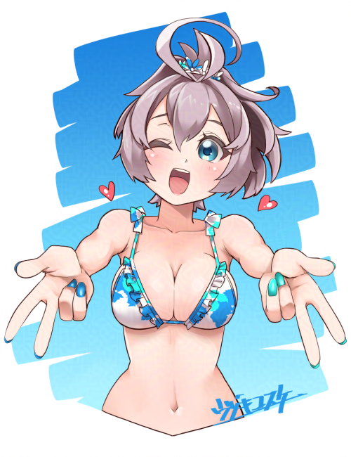 1girl, ahoge, antenna_hair, aoba_(kancolle), bikini, bikini_top_only, blue_bikini, blue_eyes