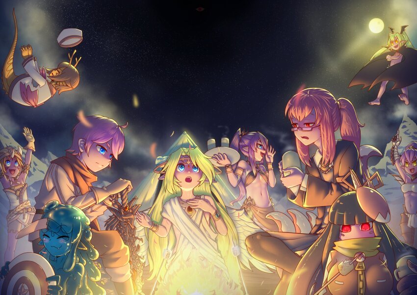 1boy, 6+girls, absurdres, angel, angel_halo_(mon-musu_quest!), angel_wings, antlers, armband