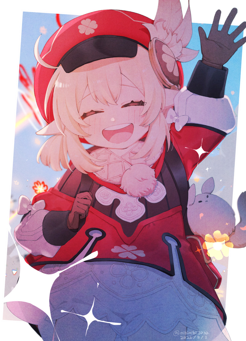 1girl, absurdres, arm_up, blush, border, bow, coat, commentary_request, eyelashes, facing_viewer, genshin_impact, happy, hat, highres, klee_(genshin_impact), nibinibi1030, open_mouth, outside_border, pointy_ears, red_coat, red_hat, solo, twitter_username, white_border, white_bow