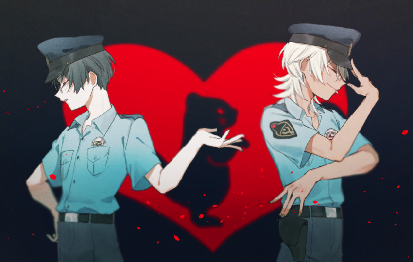 2boys, akutsu_mabu, belt, black_belt, black_hair, blonde_hair, blue_shirt, buttons